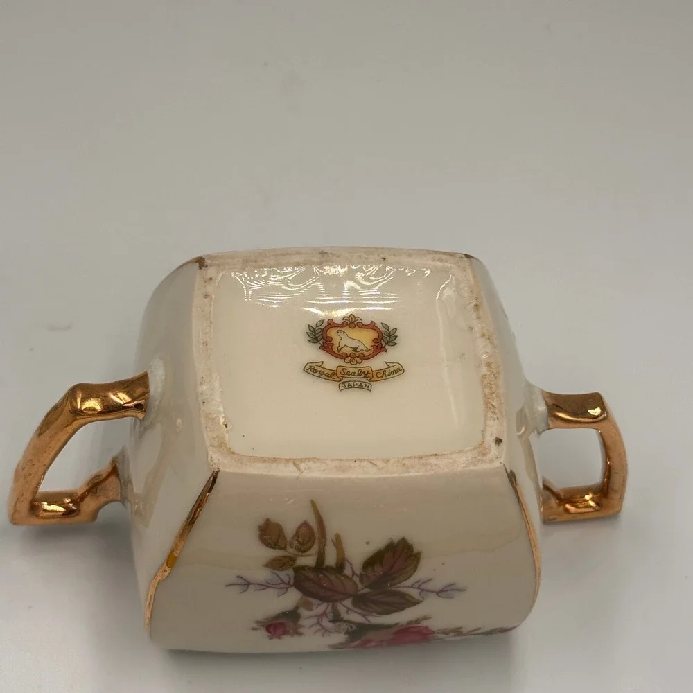 Vintage Royal Sealy China Pink Rose Lidded Sugar Bowl Gold Gilded Japan Decor